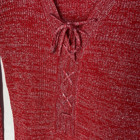 Relisted Red Ribbed metallic accent dress w lace up detail & stretch S M jrs - Picture 8 of 16